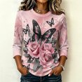 thumbnail image 3 of HongQid 3/4 Sleeve Print Top for Women Crew Neck Floral Graphic Pullover Casual Layering Outfits Spring Fall Fashion Lightweight Trendy Printed Tunic, 3 of 7
