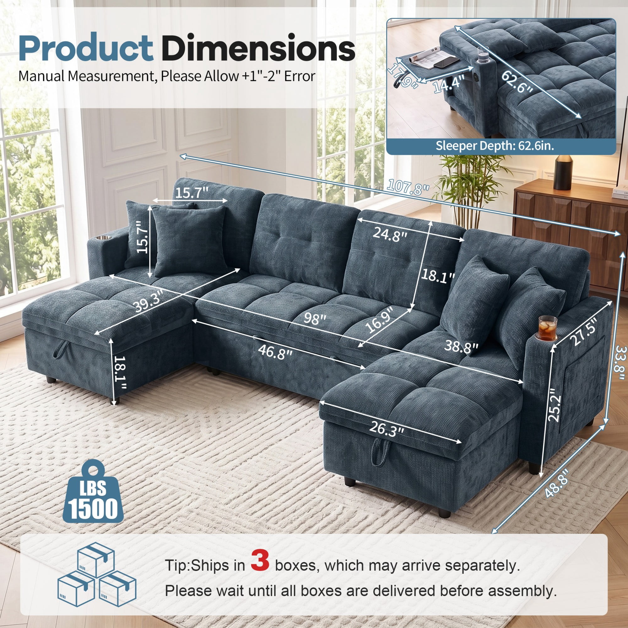 DEALTOPS 108" Chenille U-Shaped Sectional Pull Out Sleeper Sofa Bed with Storage Chaise, USB & Tray Table, Blue