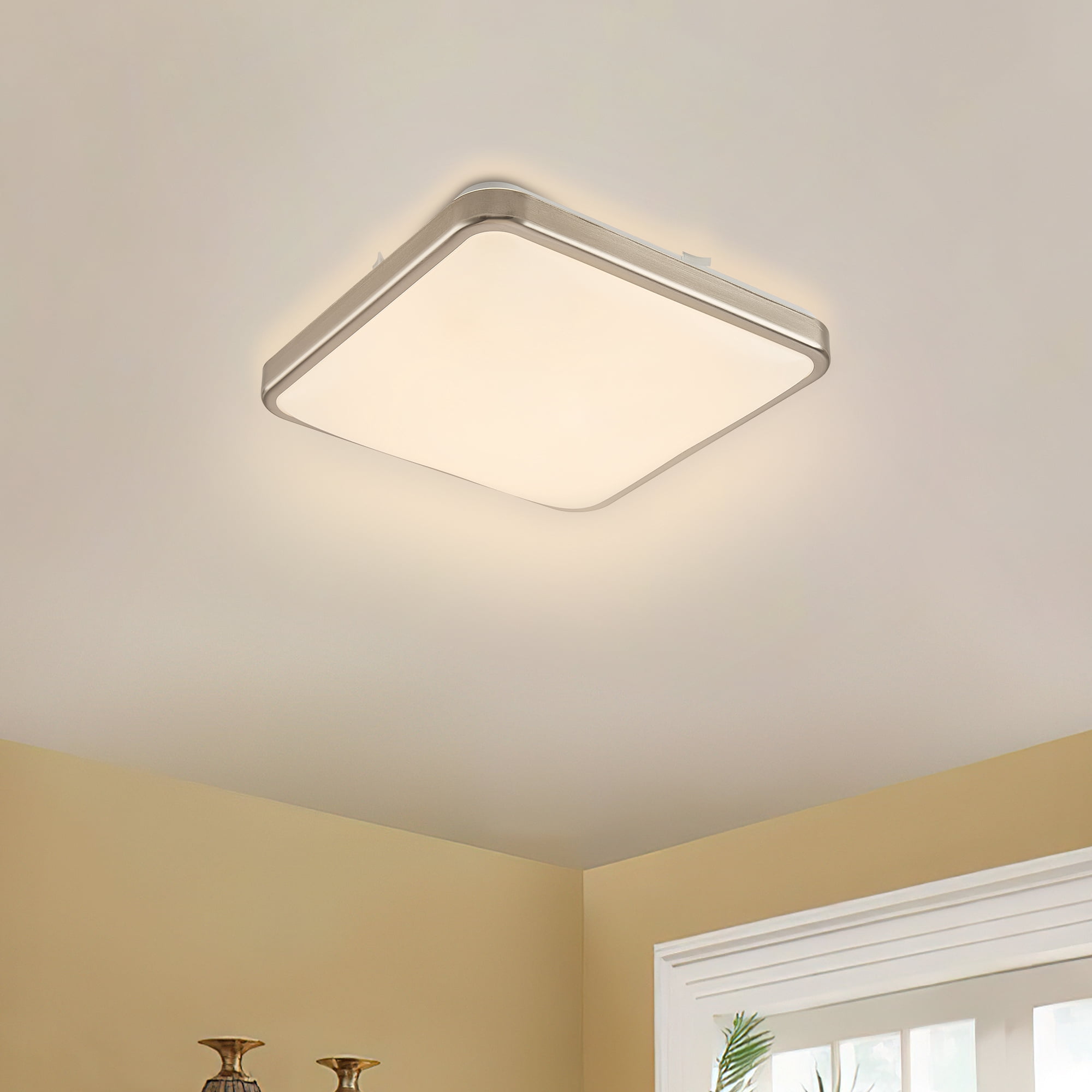 Modern elegant Dimmable 14" Square Flush Mount LED Ceiling Light , Stylish And Energy-Efficient Fixture Brushed Nickel Finished, For  Bedrooms, Kitchens, Living Rooms And Offices