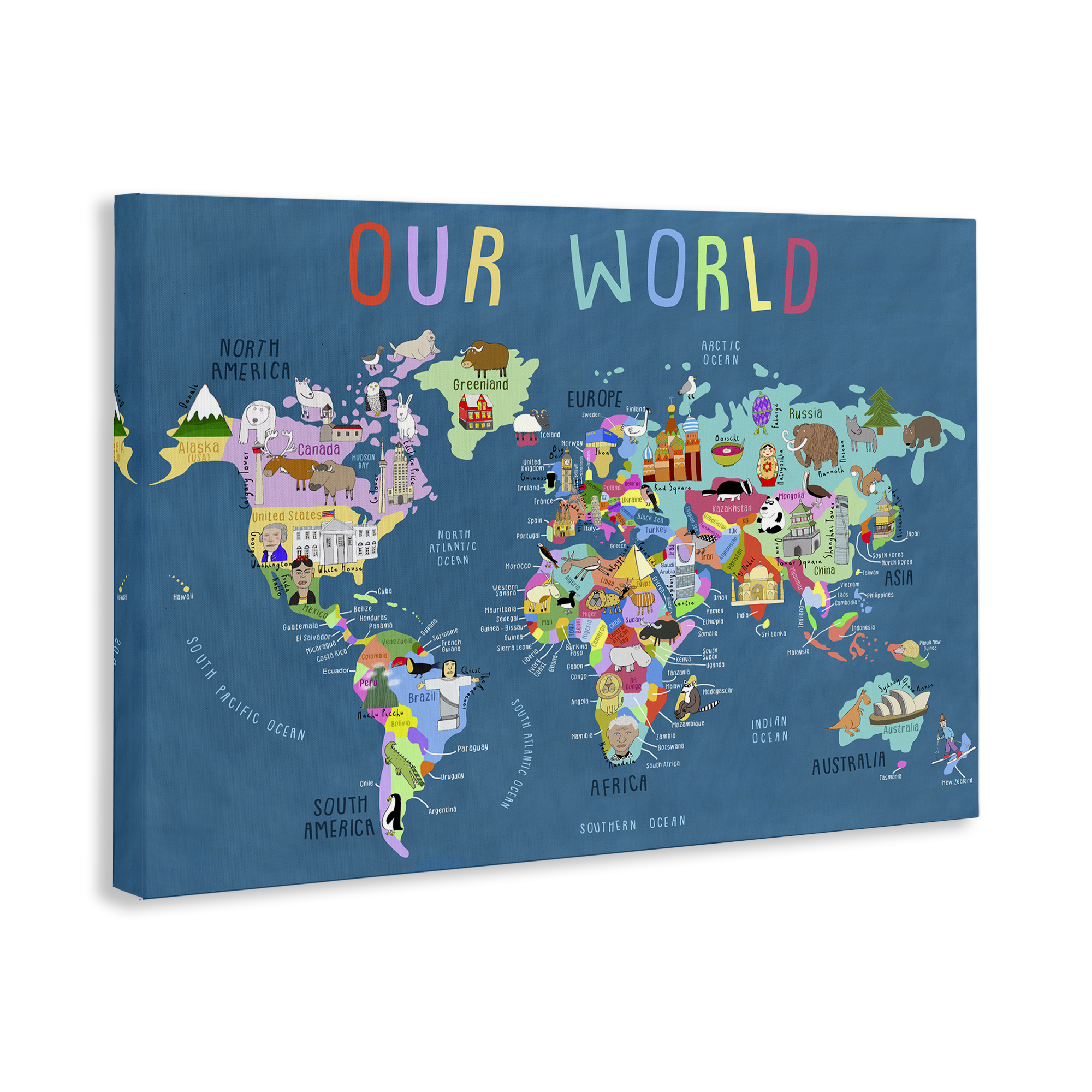 Stupell Industries Our World Map Education Painting Wrapped Canvas Art Print Wall Art, 45 x 30