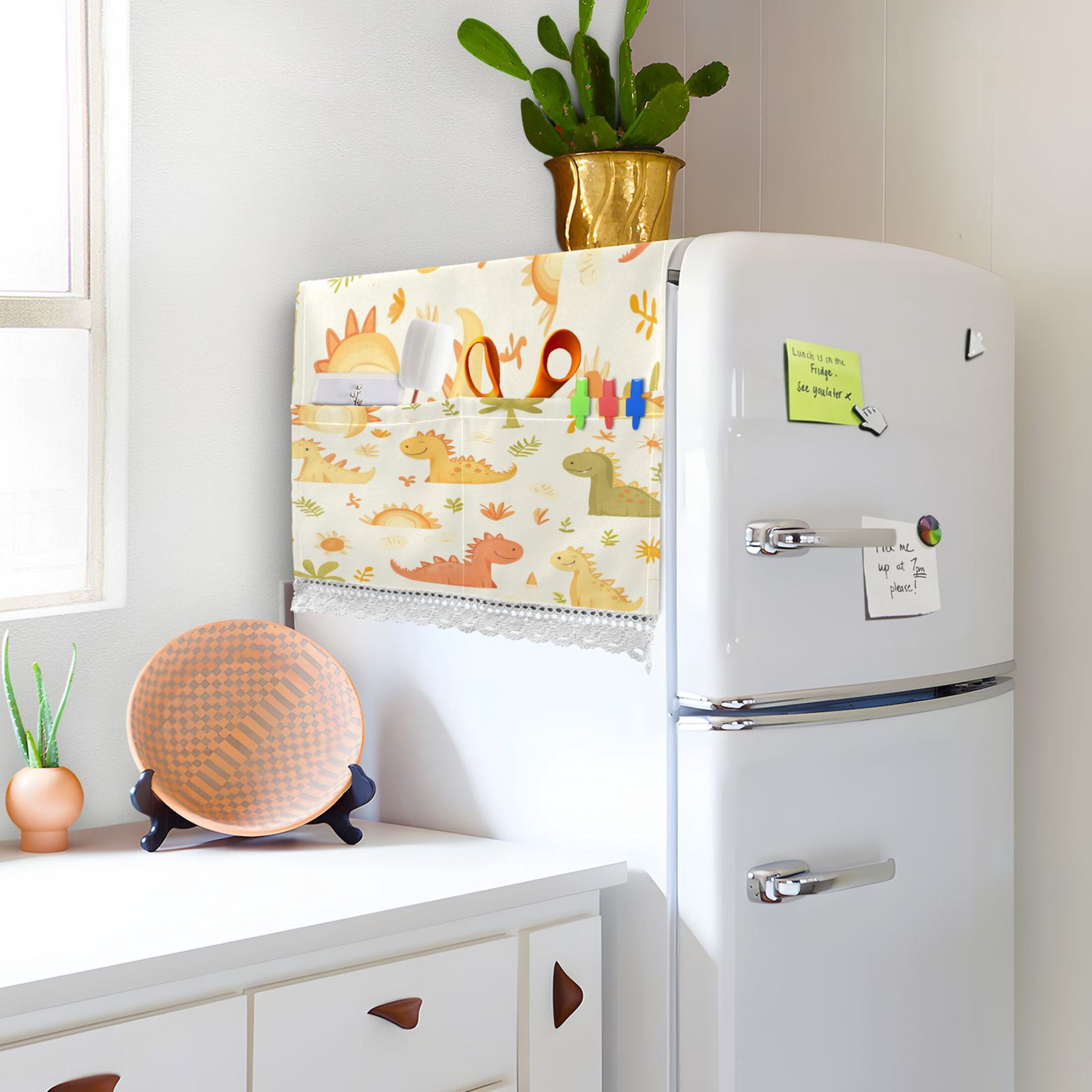 Cute DinoscorWasher and Dryer Covers Dust-Proof and Oil Resistant Fridge Cover with 4 Storage Pockets Washing Machine Top Cover for Laundry Kitchen Home 51.2 x 22 In