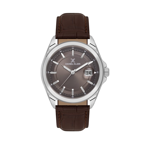 Daniel Klein Montre pour Homme, Montre Analogique en Métal 42 mm, Quartz Japonais, Bracelet en Cuir - Calendrier de Date, Bracelet Crocodile Embossé, Loupe de Date - Cadran Argent / Brun