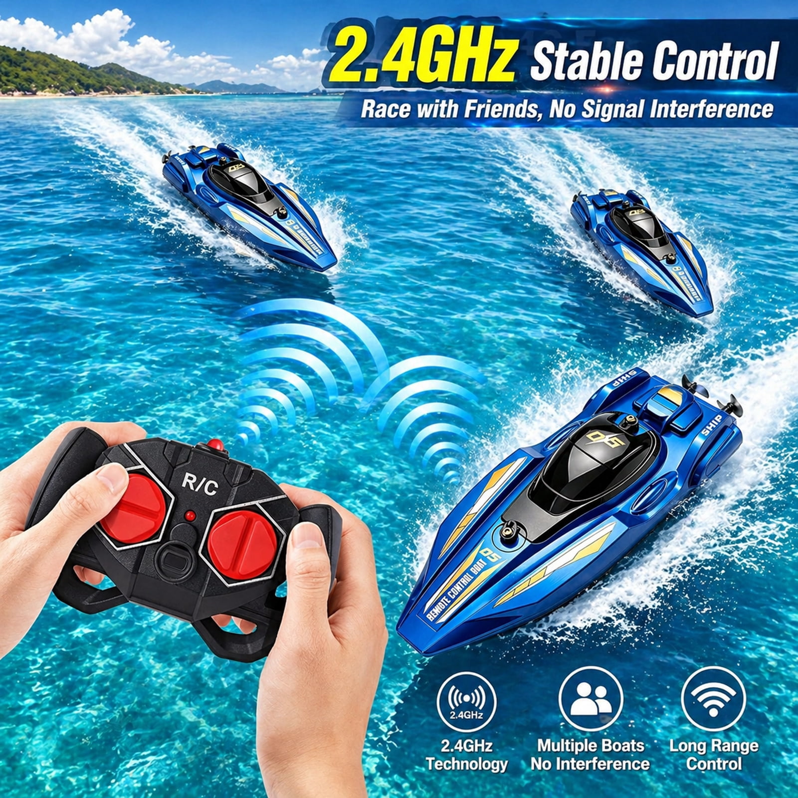 Funtogether High Speed Remote Control Boat for Pools and Lakes, 2.4GHz Waterproof RC Speedboat with Dual Motors, Blue
