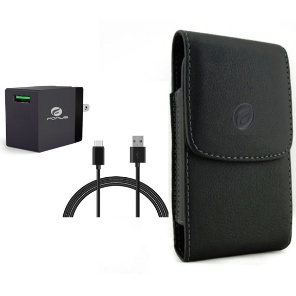 Case Belt Clip & Quick Home Charger for iPhone 15 Pro - Leather Holster Cover Pouch and 18W 6ft USB Cable Power Cord O1O for iPhone 15 Pro (6.1")