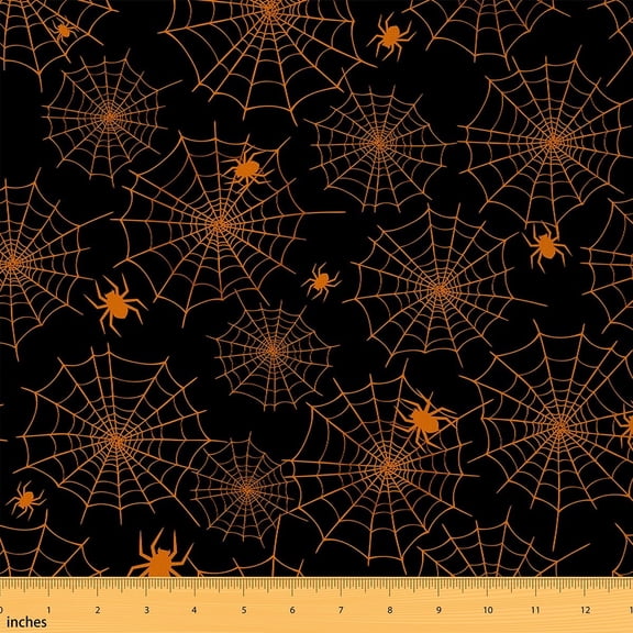 Feelyou Orange Spider Web Fabric by the Yard 1 Yard, Kawaii Cartoon Spider Home Decor Fabric by the Yard, Gothic Halloween Style Sewing Fabric, Ultra Soft Home Decor