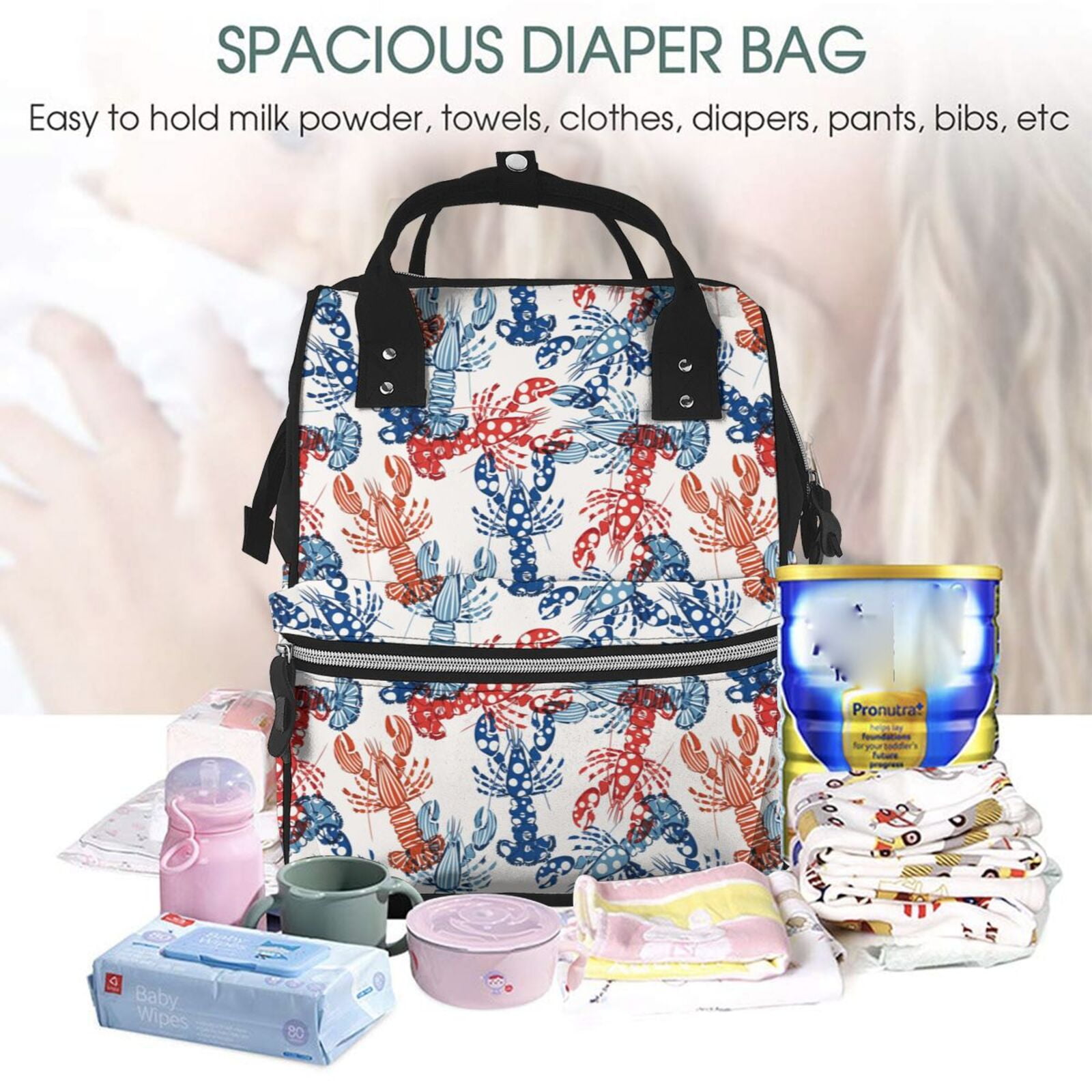 Ratiio Red Lobster Mummy Backpack - Waterproof Twill Canvas, Large Capacity Diaper Bag with Multiple Pockets and Adjustable Straps