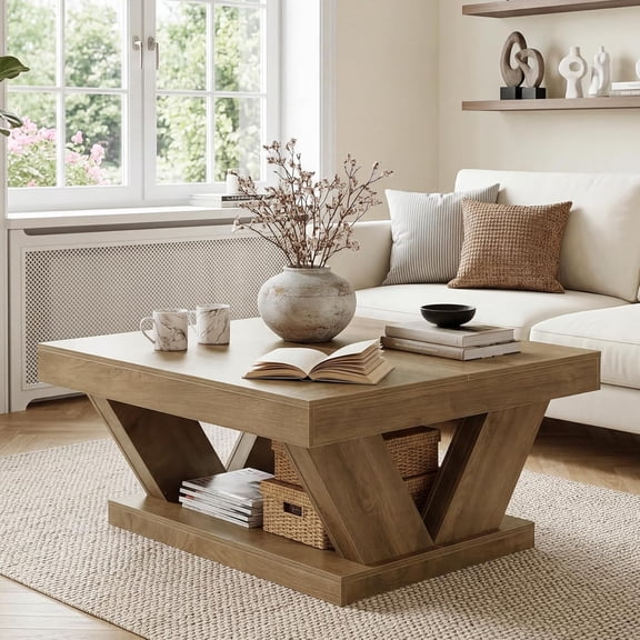 Finmind Farmhouse Coffee Table, 2-Tier Rustic Wood Center Table with Large Storage Shelf, Rustic Brown