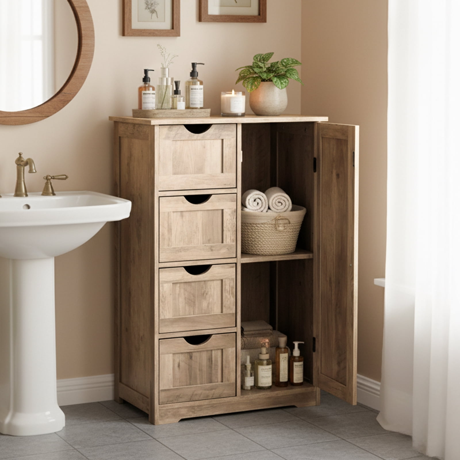 Ktaxon Wooden Bathroom Floor Cabinet, Side Storage Organizer with 4 Drawers, 1 Cupboard & 2-Shelves, Vintage Washed Gray