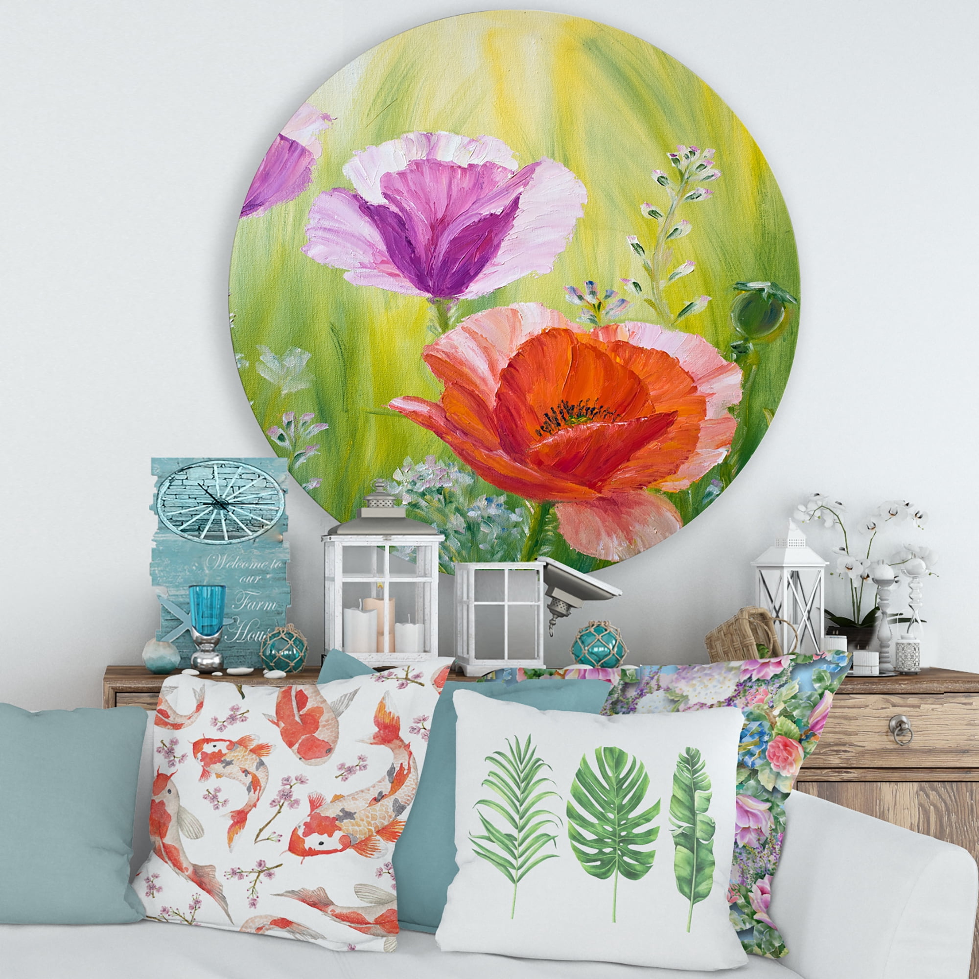 Designart 'Poppies In The Morning In Wild Green' Traditional Circle Metal Wall Art 29x29 - Disc of 29