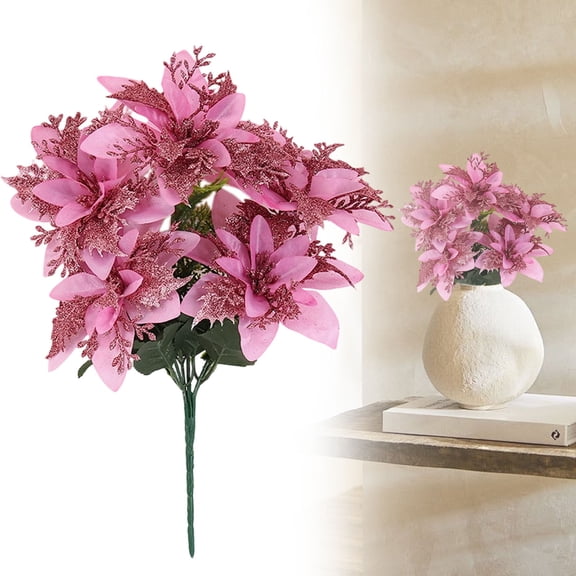 Glitter Artificial Poinsettia Flowers, 5 Heads Silk Floral Bouquet, Fake Poinsettia Floral Ornament, Poinsettia Flowers for Holiday Christmas Home DIY Craft Decor, 16"