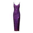 thumbnail image 4 of Wycnly Dresses for Women Wedding Guest Elegant Slit Slim Sequin Cami Long Dresses Sleeveless V-Neck Solid Summer Maxi Formal Dress Purple l, 4 of 6