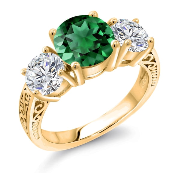 Gem Stone King 18K Yellow Gold Plated Silver Green Nano Emerald and Lab Grown Diamond Engagement Ring for Women | 3.13 Cttw | Round 8MM | Gemstone May Birthstone | Size 8