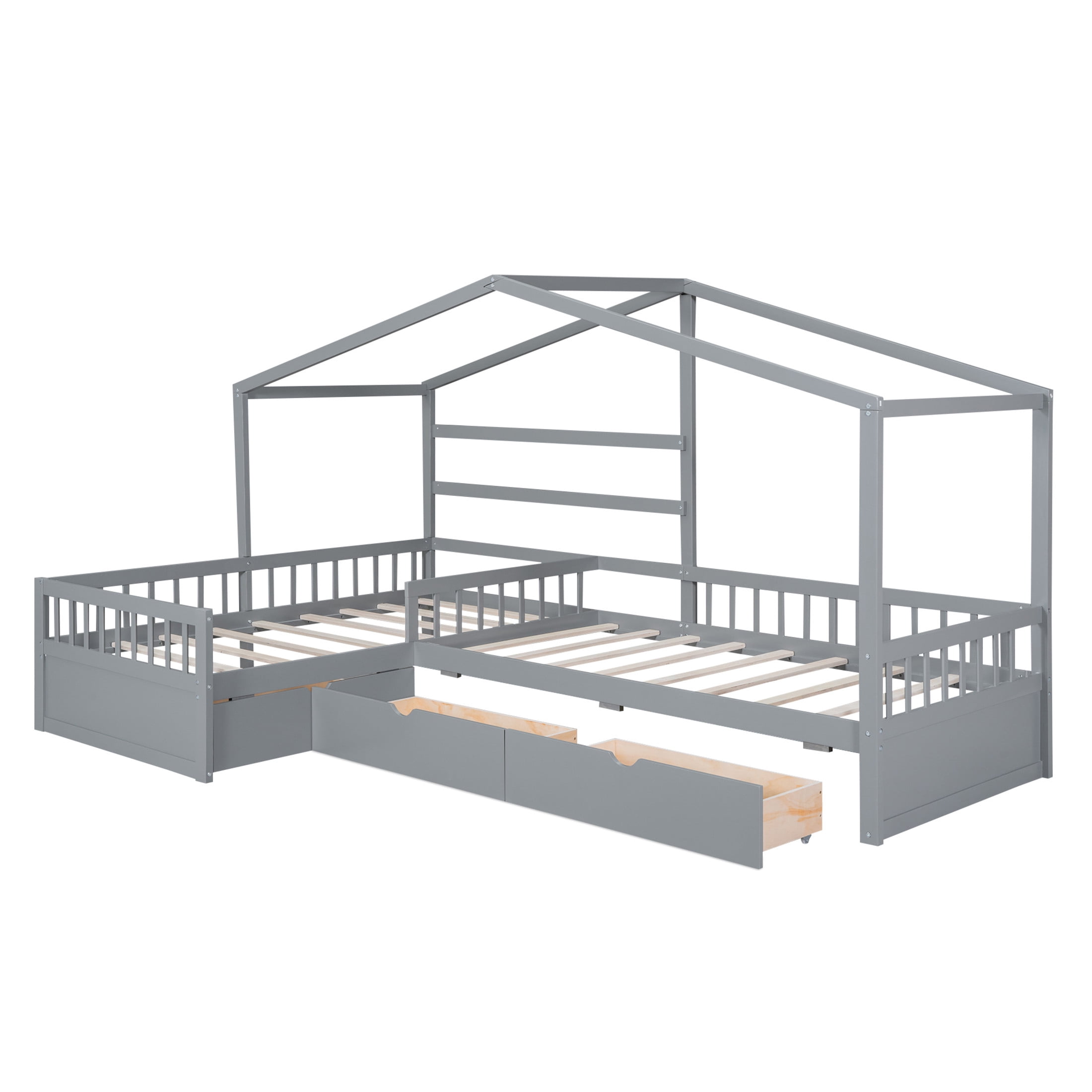 Noble House Yorke Twin Size House Platform Bed with 3 Storage Drawers, L-Shaped Solid Wood Frame, Gray