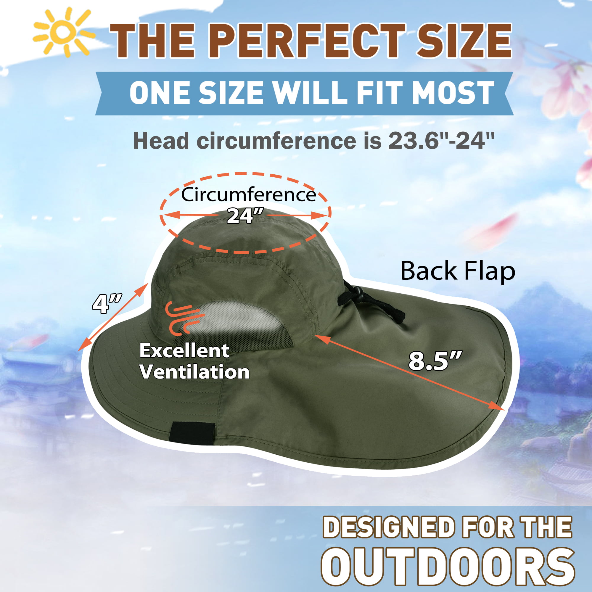  Tirrinia Sun Hat with Neck Flap for Men，Wide Brim Fishing  Hat，UPF 50+ Foldable Waterproof Caps, Fishing Camping Hiking Gardening-  Kahki : Sports & Outdoors