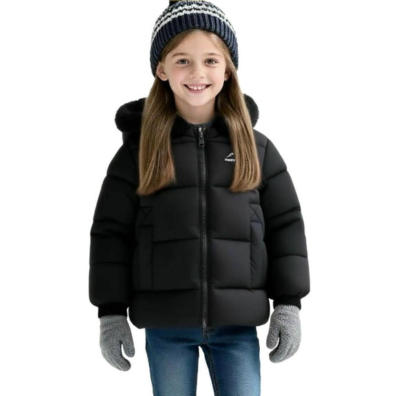 Cethrio Girls Puffer Jackets, Windproof Thickened Long Sleeve Zip up Winter Coats with Hood Black Size 7-8T