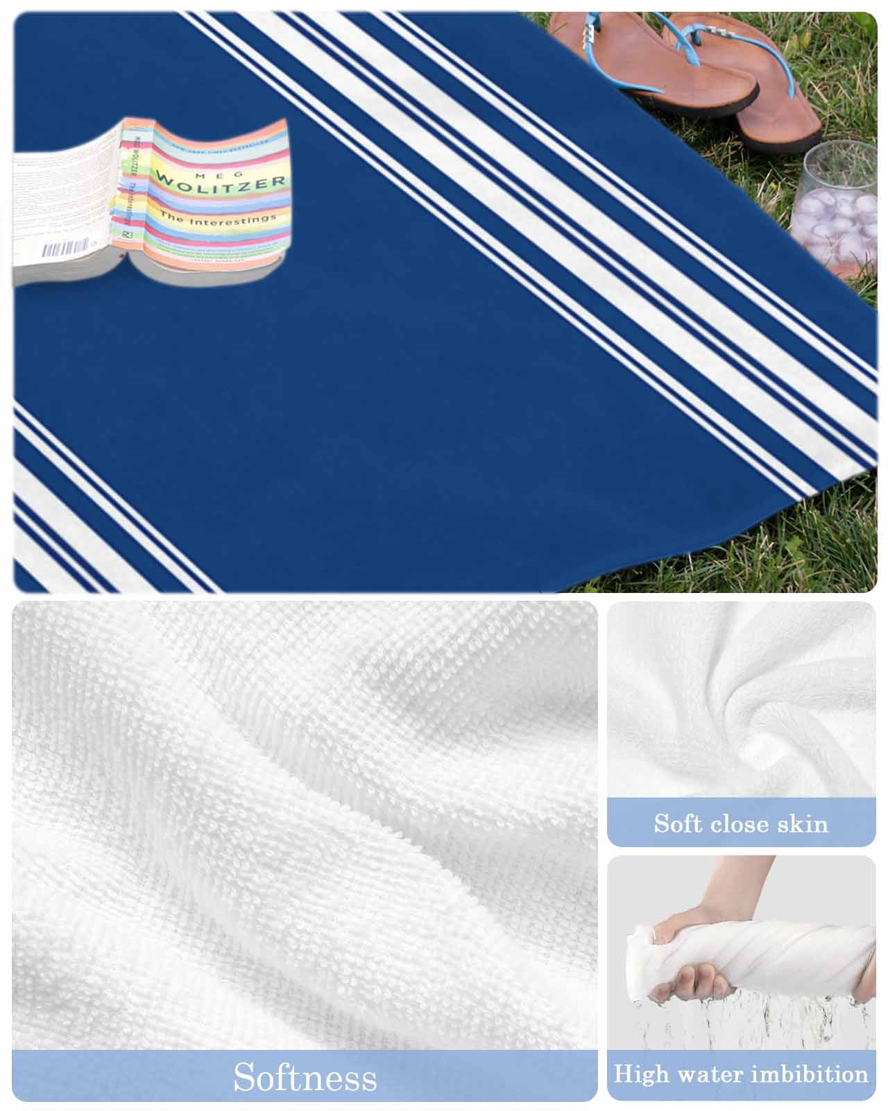 Blue Striped Beach Towels Oversized Super Absorbent, Farmhouse Blue White Stripes Lightweight Bath Towel Quick Dry Sets For Bathroom/Pool/Rv Camping/Beach Play/Gym Room/Picnic 30"x60"