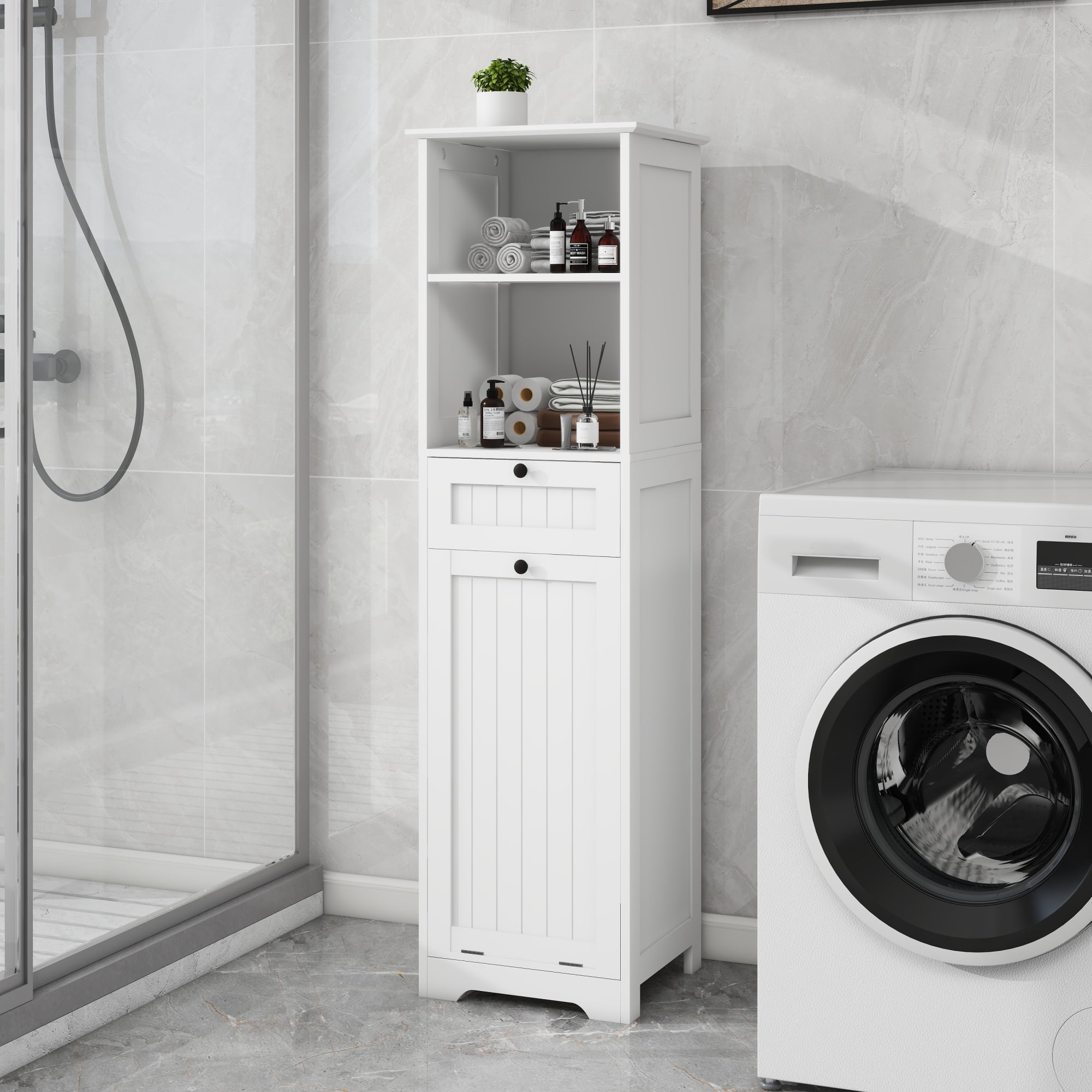 Leumius Tilt-Out Laundry Hamper Cabinet,Freestanding Laundry Sorter Cabinet with Compartment & Drawer,White