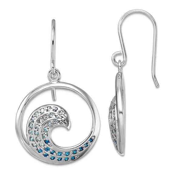 925 Sterling Silver Rhodium Plated Polished Cubic Zirconia Wave Long Drop Dangle Earrings 34x19.5mm Wide Dangle Earring