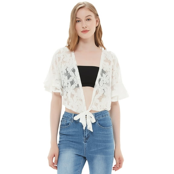 Women's Sheer Floral Shrug Bolero Tied Front Lace Cropped Cardigan With Half Sleeves, White, Large