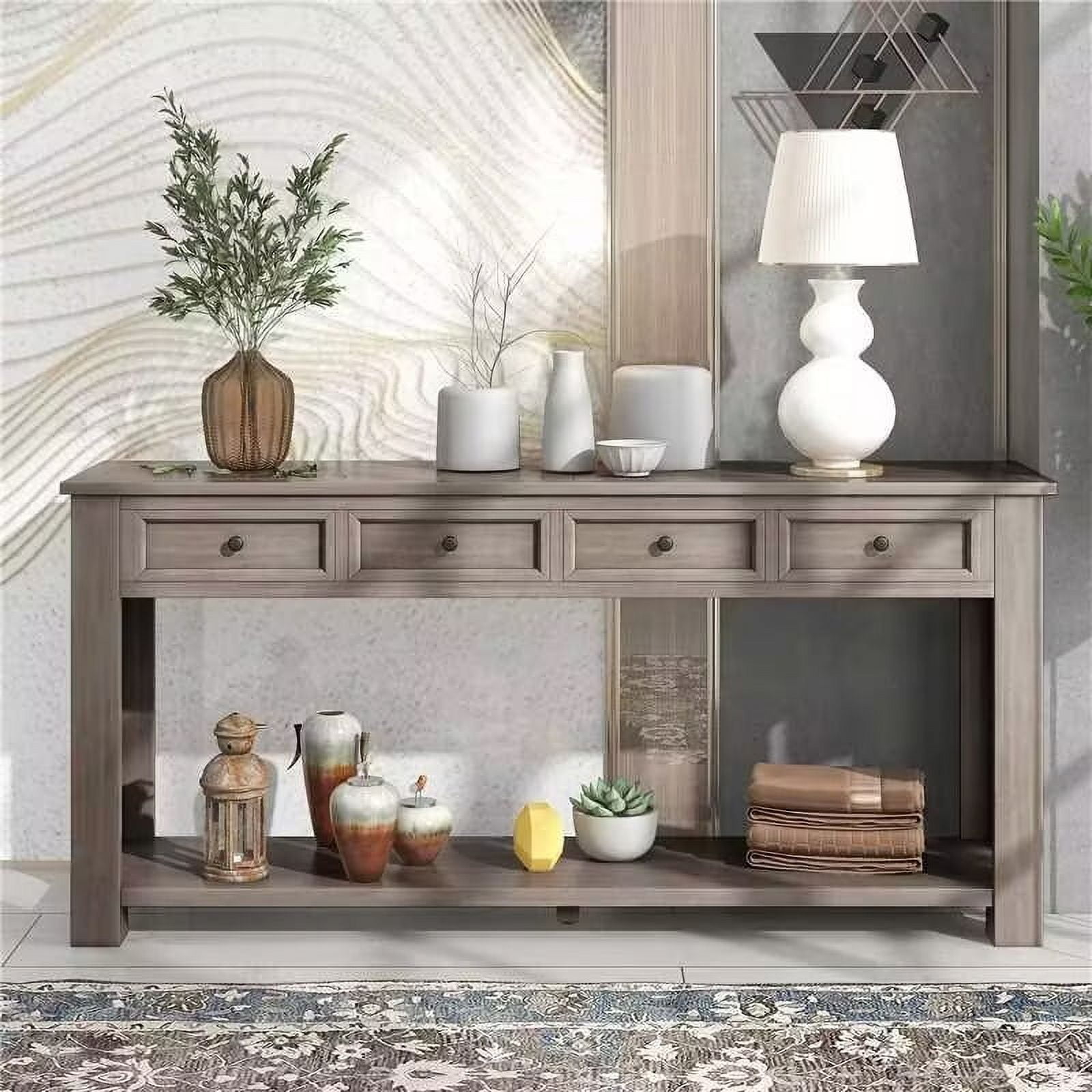 EUROCO 60" Rustic Console Table Sofa Table, Entryway Wood Table with 4 Drawers and Bottom Shelf for Storage, Espresso