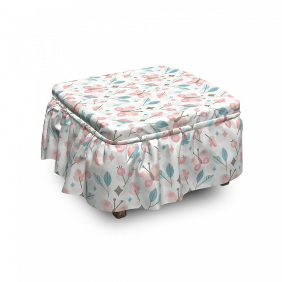 Pastel Ottoman Cover, Butterflies and Round Shapes, 2 Piece Slipcover Set with Ruffle Skirt for Square Round Cube Footstool Decorative Home Accent, Standard Size, White Blush Pale Blue, by Ambesonne