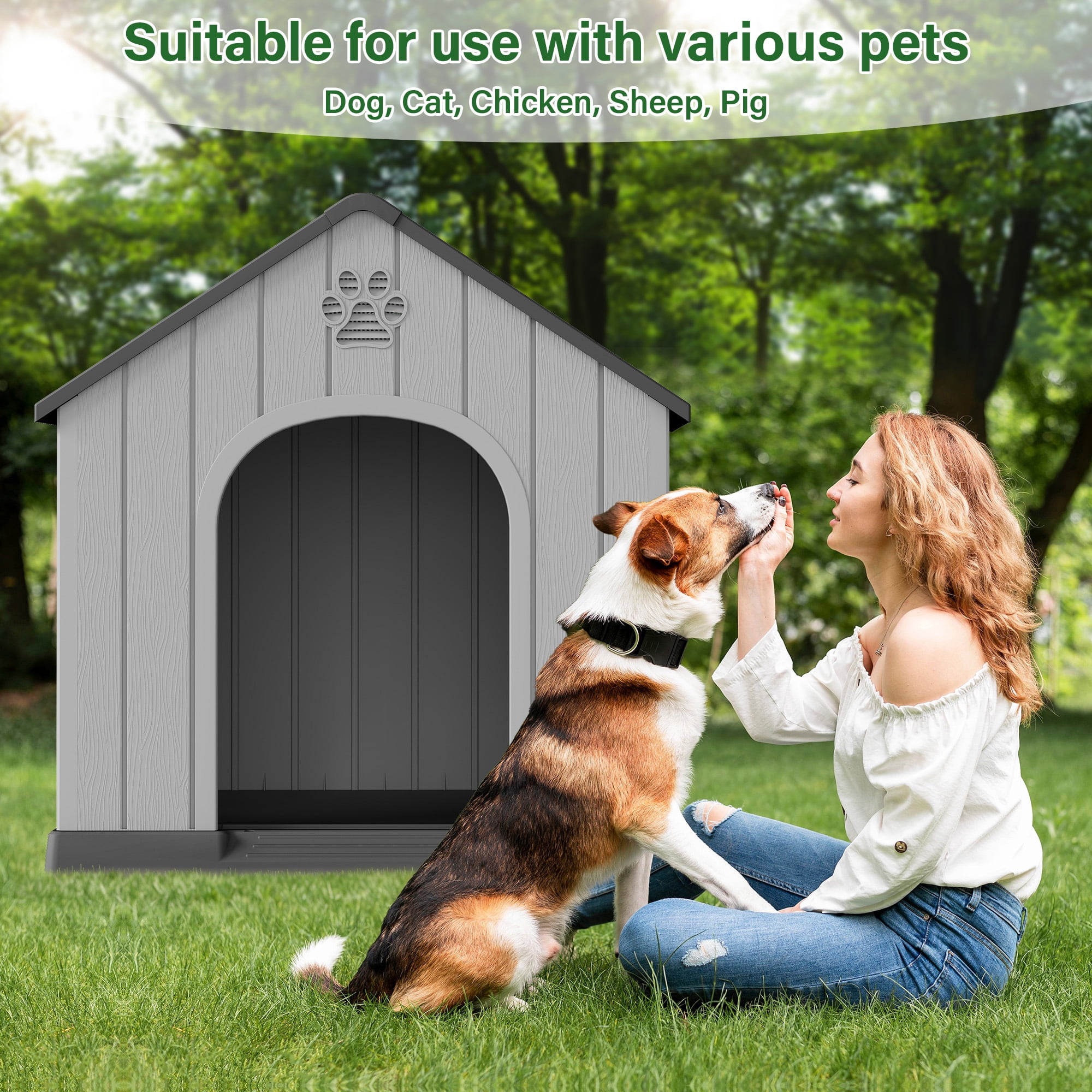 LHBcraft Large Dog House for Medium Large Dogs,Durable PP Waterproof Dog Shelter with Air Vents & Elevated Floor,Easy Clean and Assemble for Outdoor & Indoor,Black