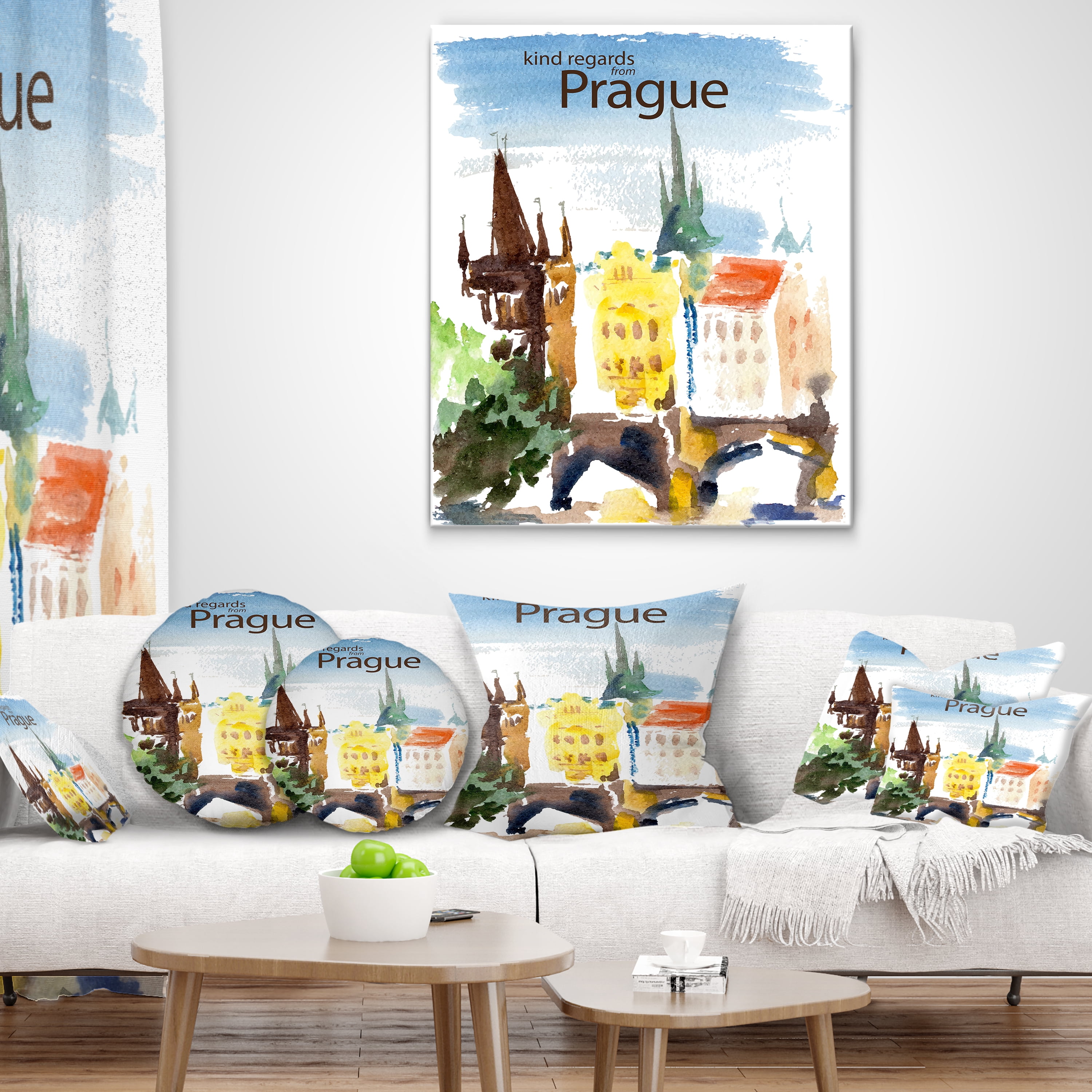 Designart Old Prague Vector Illustration - Cityscape Painting Throw Pillow - 18x18