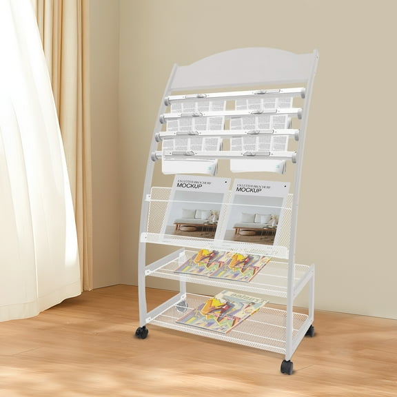 Modern Foldable Magazine Rack with 4 Wheels, Aluminum Clips for Newspapers, and Spacious Net Baskets for Organizing Magazines and Brochures