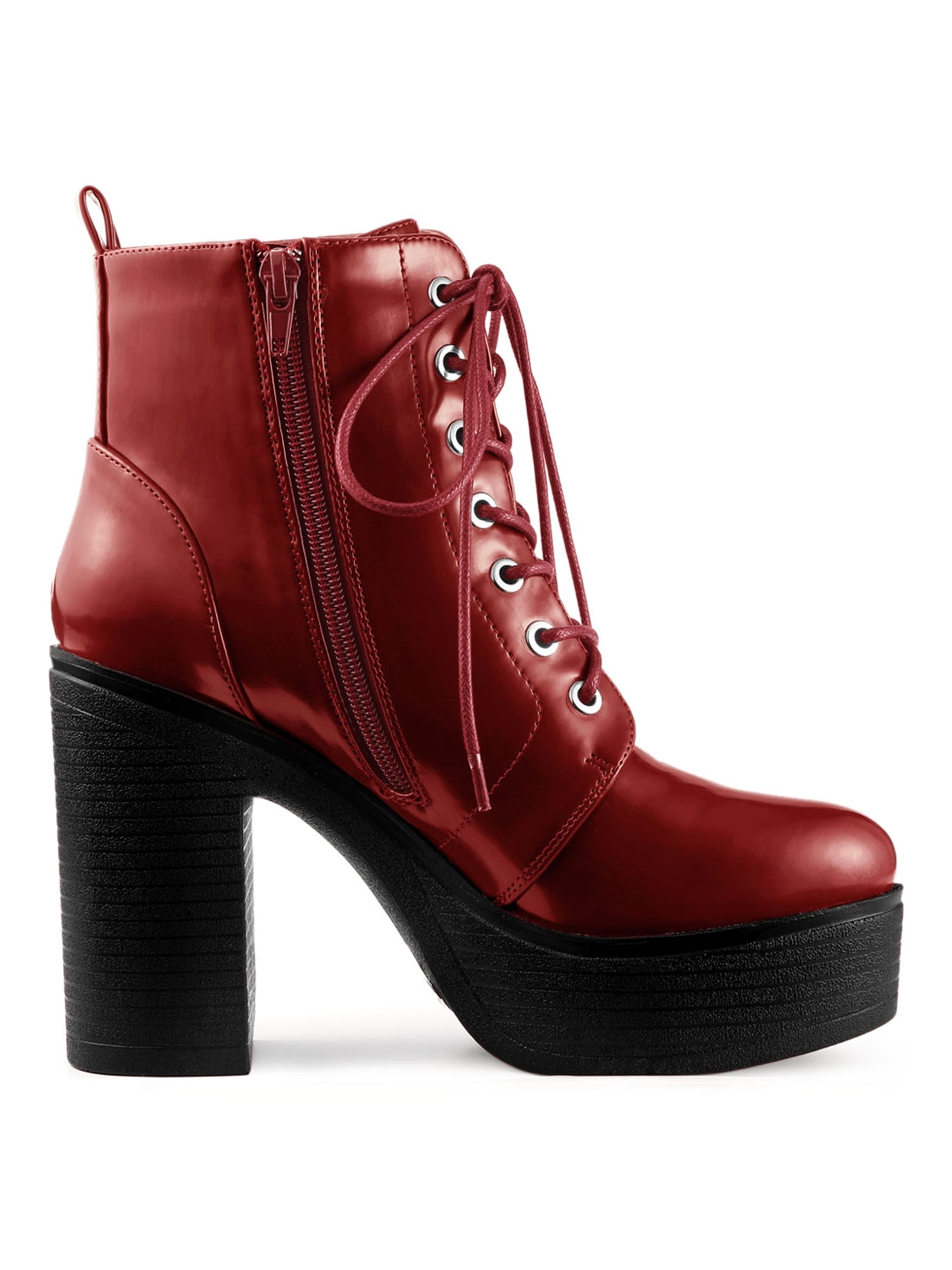 DARING DIVA Women's Zip Platform Block Heel Combat Boots Red 9