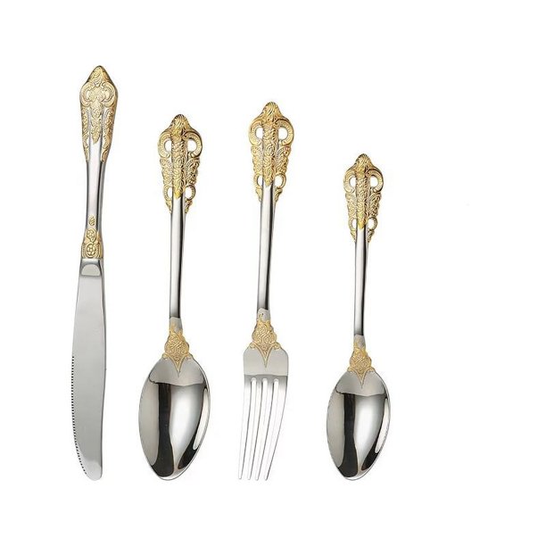 Magníficos juegos de cajas de cubiertos de cuchillos y tenedores de acero, vajilla pesada, juego de cubiertos antiguos, cubiertos de oro 18/10, cubiertos de estilo barroco antiguo chapado en oro, 4 piezas brillar Electrónica