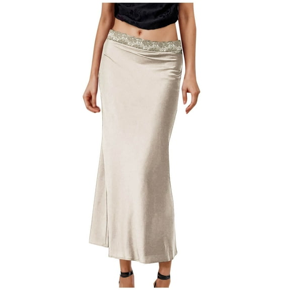 LNWUY Women's Spring Summer Solid Color Stitching Satin Skirt High Waist Ruffle A Line Long Maxi Skirt Daily Casual Skirts Beige L