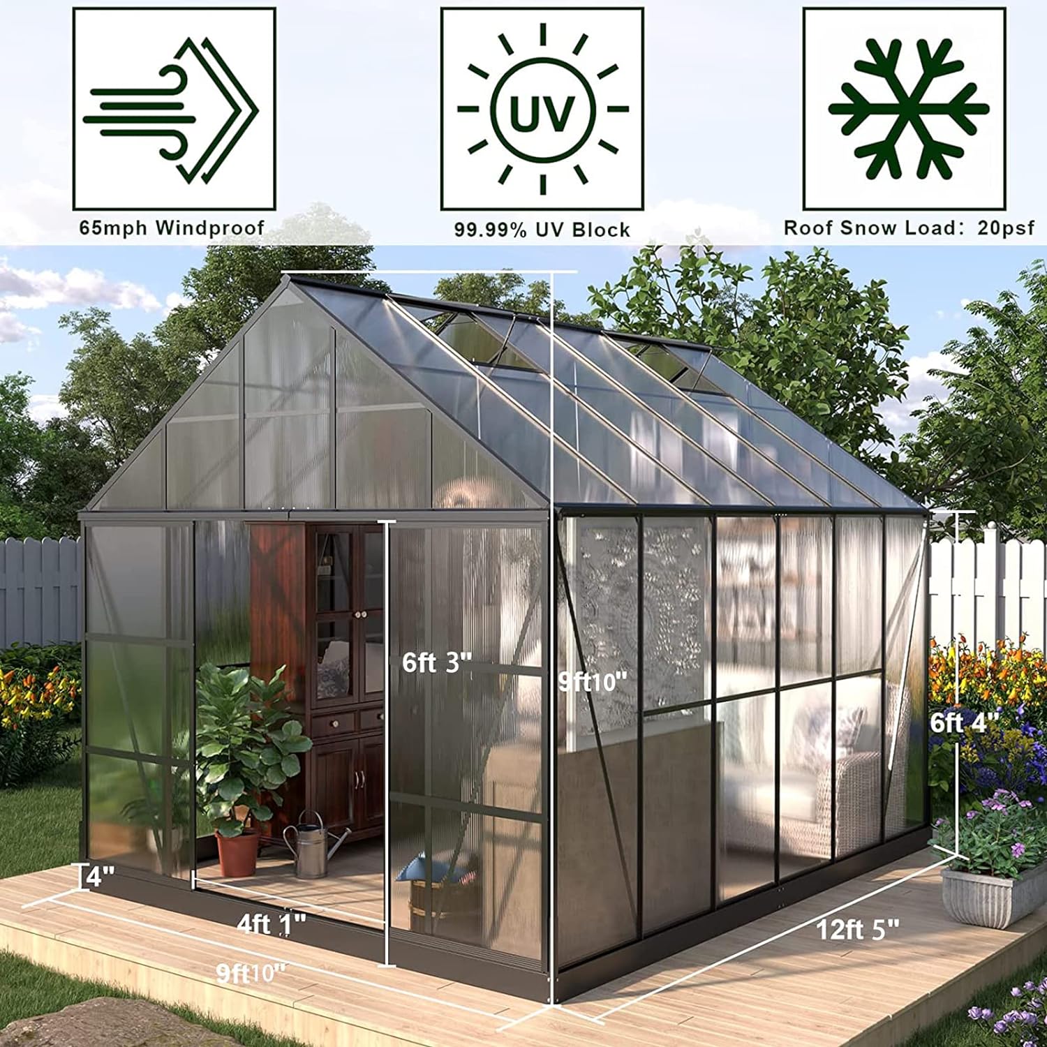 AMERLIFE 12x10x10FT Polycarbonate Greenhouse 2 Sliding Doors 4 Vents Walk-in Premium Professional Greenhouse Storage Shed Sunroom Aluminum Large Hot House for Outdoor Garden Backyard Matte Black - image 2 of 7