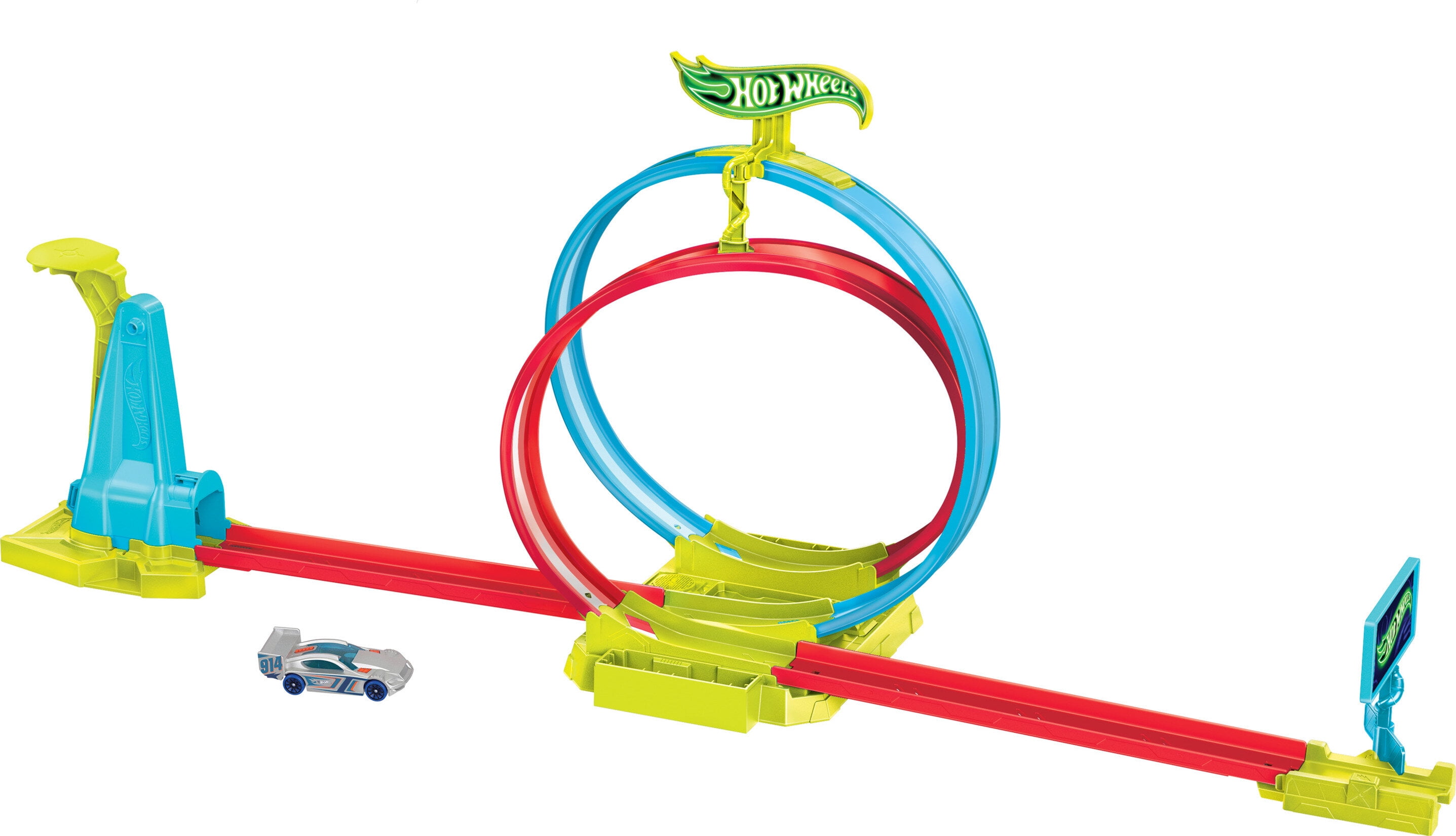 Hot Wheels Neon Speeders Track Set, Laser Stunt Slamway with 1 Car, Tri-Colored Track, Easy Storage