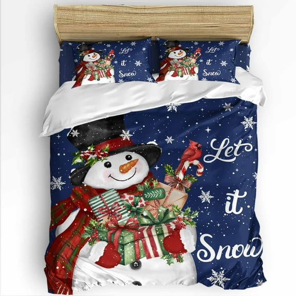 Christmas Snowman Queen Size Comforter Set, Winter Xmas Box Bird Snowflakes Navy Blue Soft Bedding for All Seasons, 4 Pcs Bed Set with 1Comforter (90"x92") ,1 Sheet(94"x116"), 2 Pillowcases (19"x29")