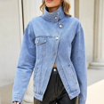 thumbnail image 3 of Zefriona Womens Denim Jacket Asymmetric Hem Drop Shoulder Button Pocket Long Sleeve Jean Coat Light Blue Size M, 3 of 9