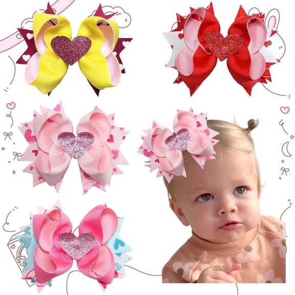 JoyBowie 4pcs 5.3 Inch Pink Glitter Heart Hair Bows for Girls Toddlers, Multi-Layer Ribbon Hair Clips for Kids Party Daily Hairstyles