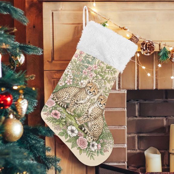 RMDQTR Christmas Stockings for Xmas Gifts - Large Size Festive Holiday Decor for Family Wild Cheetah Floral Artwork