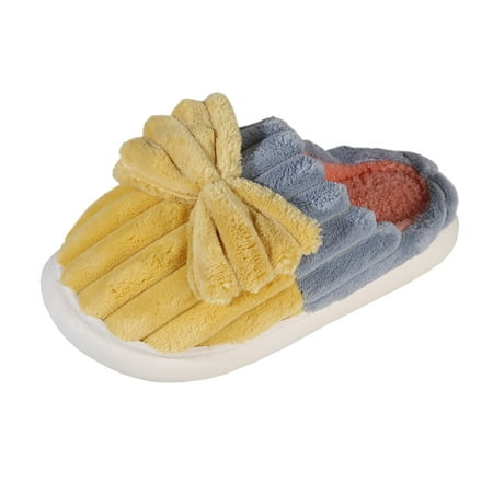 

NOKIO Warm And Comfortable Winter Cotton Slippers Ladies Comfy Indoor Slippers With Memory Foam Ladies Fashion Color block Bow Closed Toe Furry Flat Plus Cotton Slippers Velvet Women S House Shoes