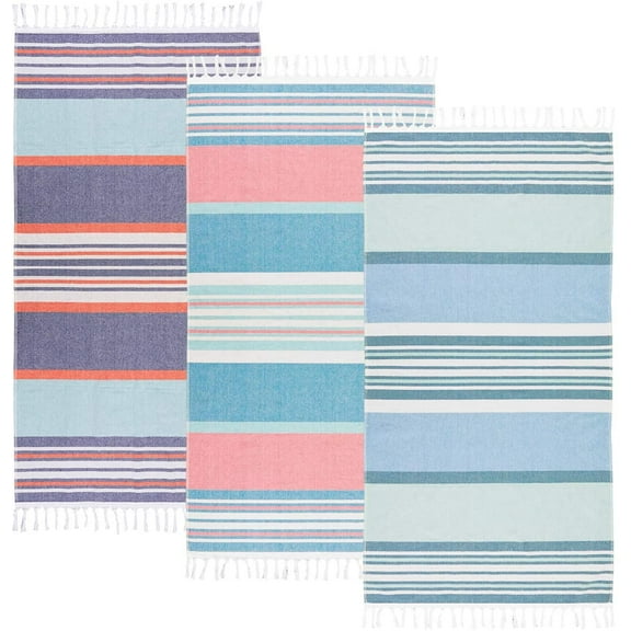 Beachland Large Fringe Beach Towel 32 x 63 inch Sand free Flat Woven in Front and Absorbent Terry on Reverse 100% Premium Cotton Turkish Style