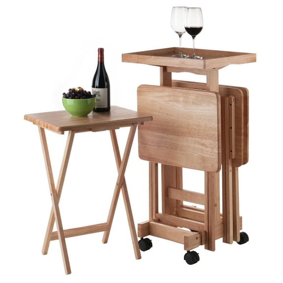 FurniFact Natural Wood 6 Piece TV Trays Set With Folding Snack Tables And Mobile Stand