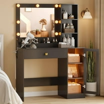 PUFFCAFE Vanity Desk with Mirror and Lights,Black Makeup Vanity with RGB Storage Cabinet & Power Strips,Dressing Table for Women Bedroom