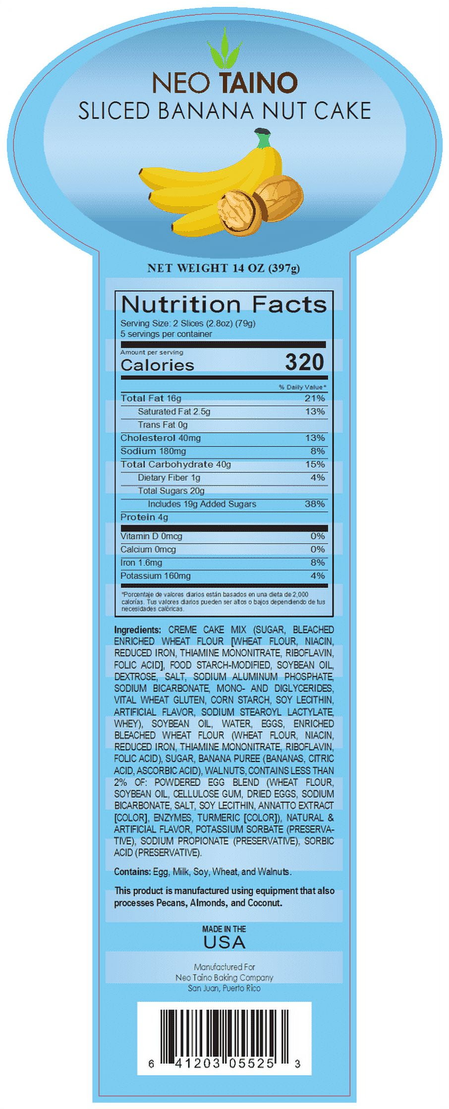 Neo Taino, Banana Nut Sliced Square Cakes, Shelf Stable, 14 oz  (397g), 10 Count, Plastic Tray