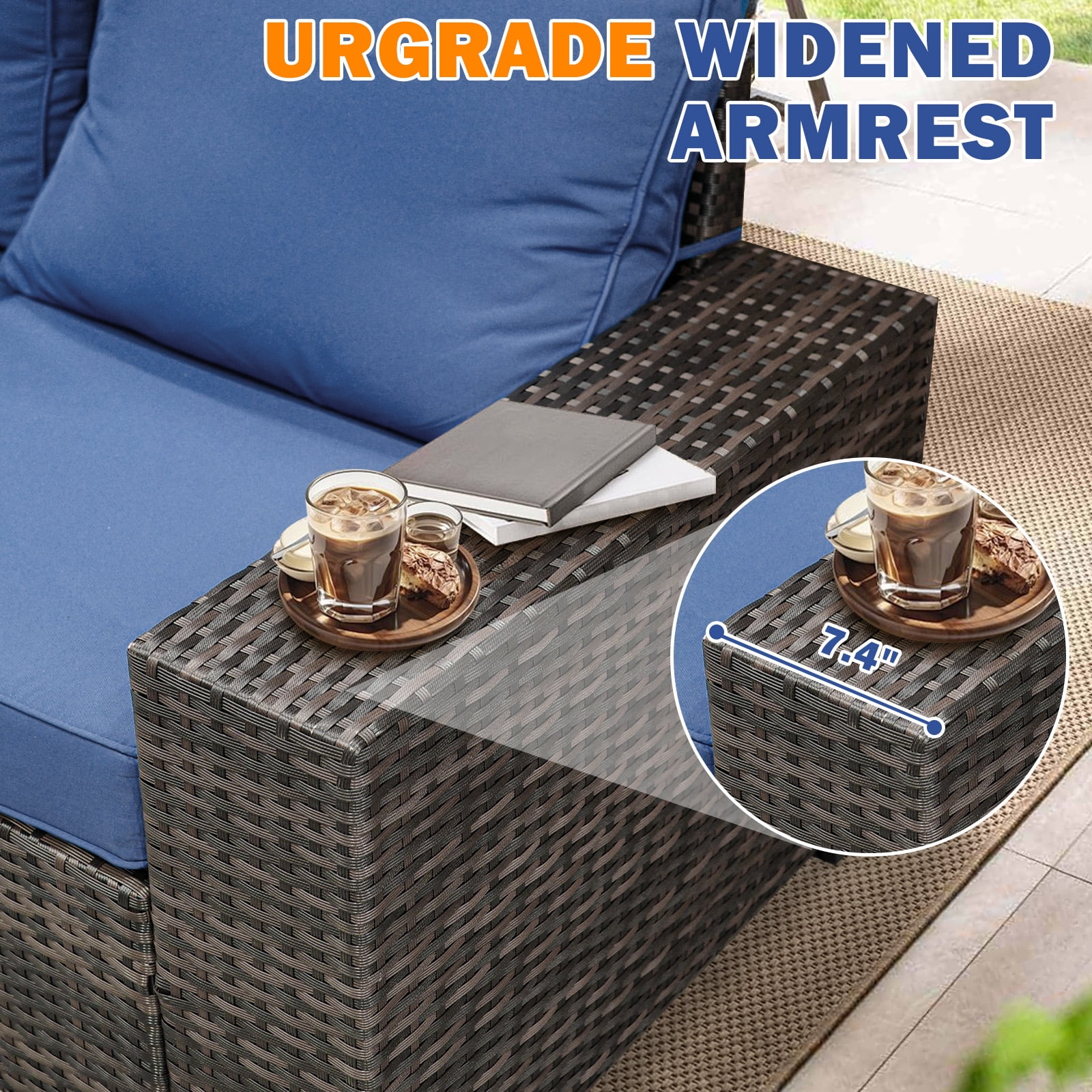 TerraRelax 8 Pieces Patio Furniture set All-Weather Outdoor Wicker Sectional Conversation Sofa Rattan patio seating sofa with cushion and Glass Table and Ottoman for Porch Poolside,Navy