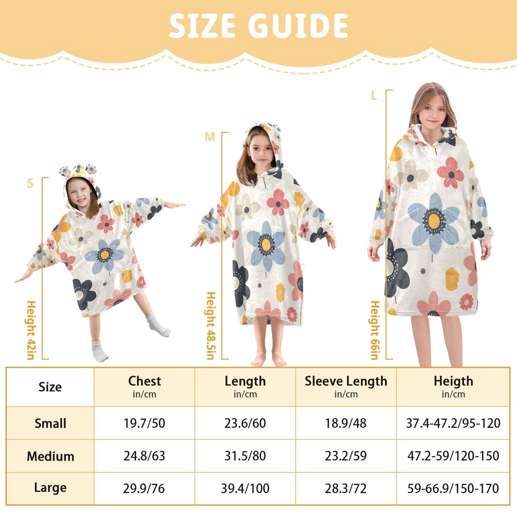 FORMRS Wearable Blanket Hoodie with Sleeves for Kids Cozy Flannel Sweatshirt, Beige Retro Flower