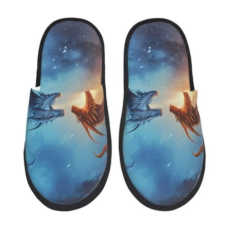 Balery Red And Blue Fire Dragon A Slient Indoor Furry Fleece Comfort House Shoes Soft Non-Slip Home Shoes Cotton slippers House Slippers-- Medium