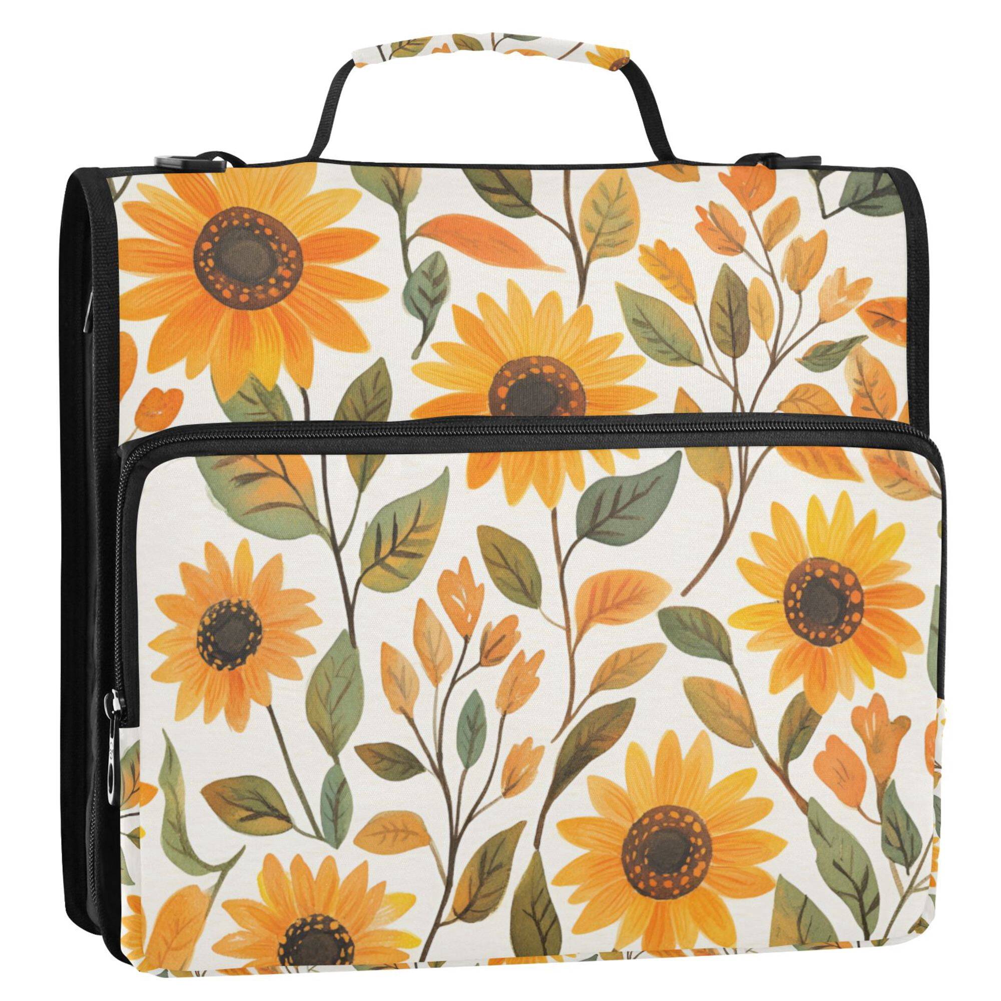 FORMRS Zipper Binder with Shoulder Strap 2-inch Ring 500 Sheet Capacity File Bag, Watercolor Sunflowers