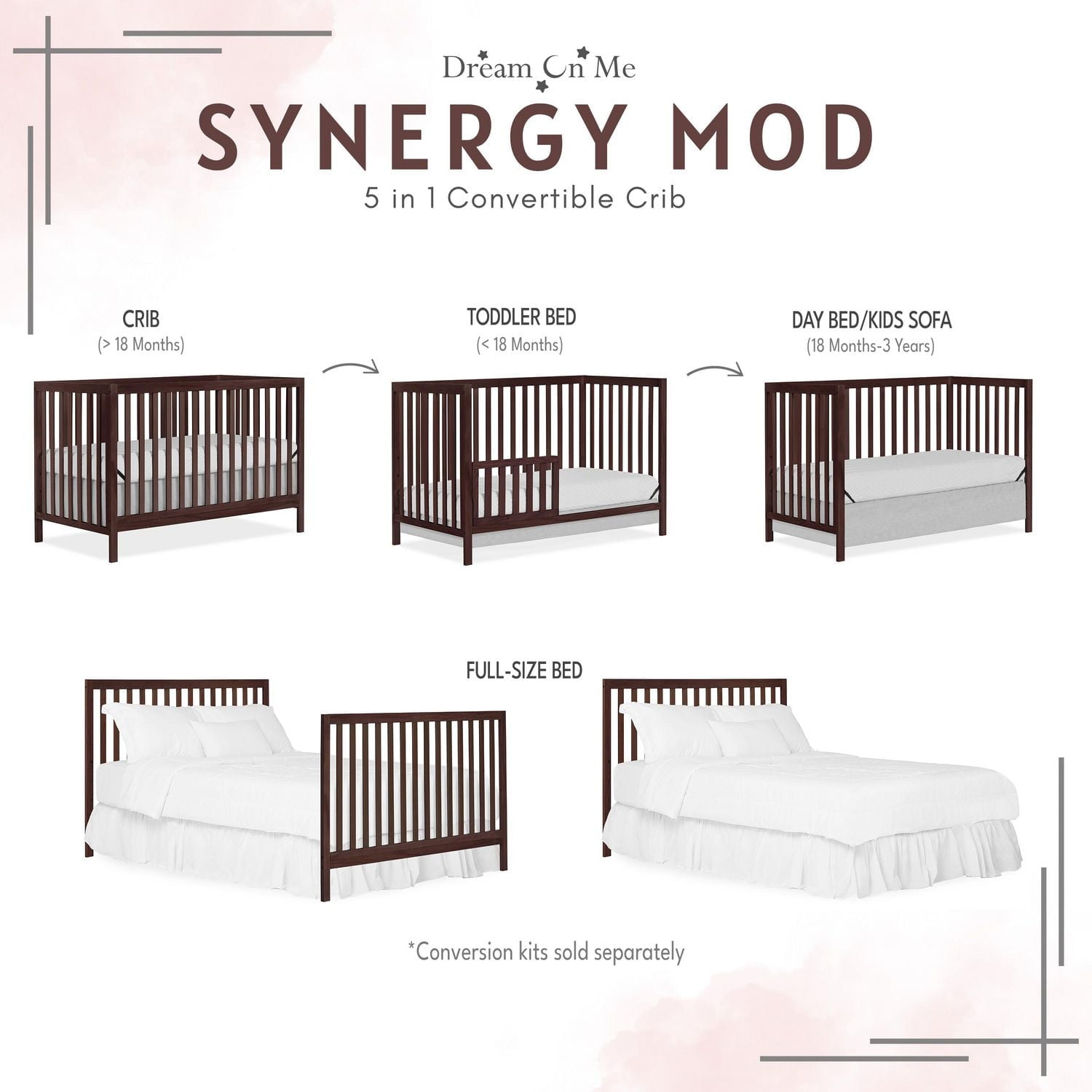 Berceau Dream On Me Synergy MOD, fabriqué en bois de pin durable de Nouvelle-Zélande Lit d'enfant transformable