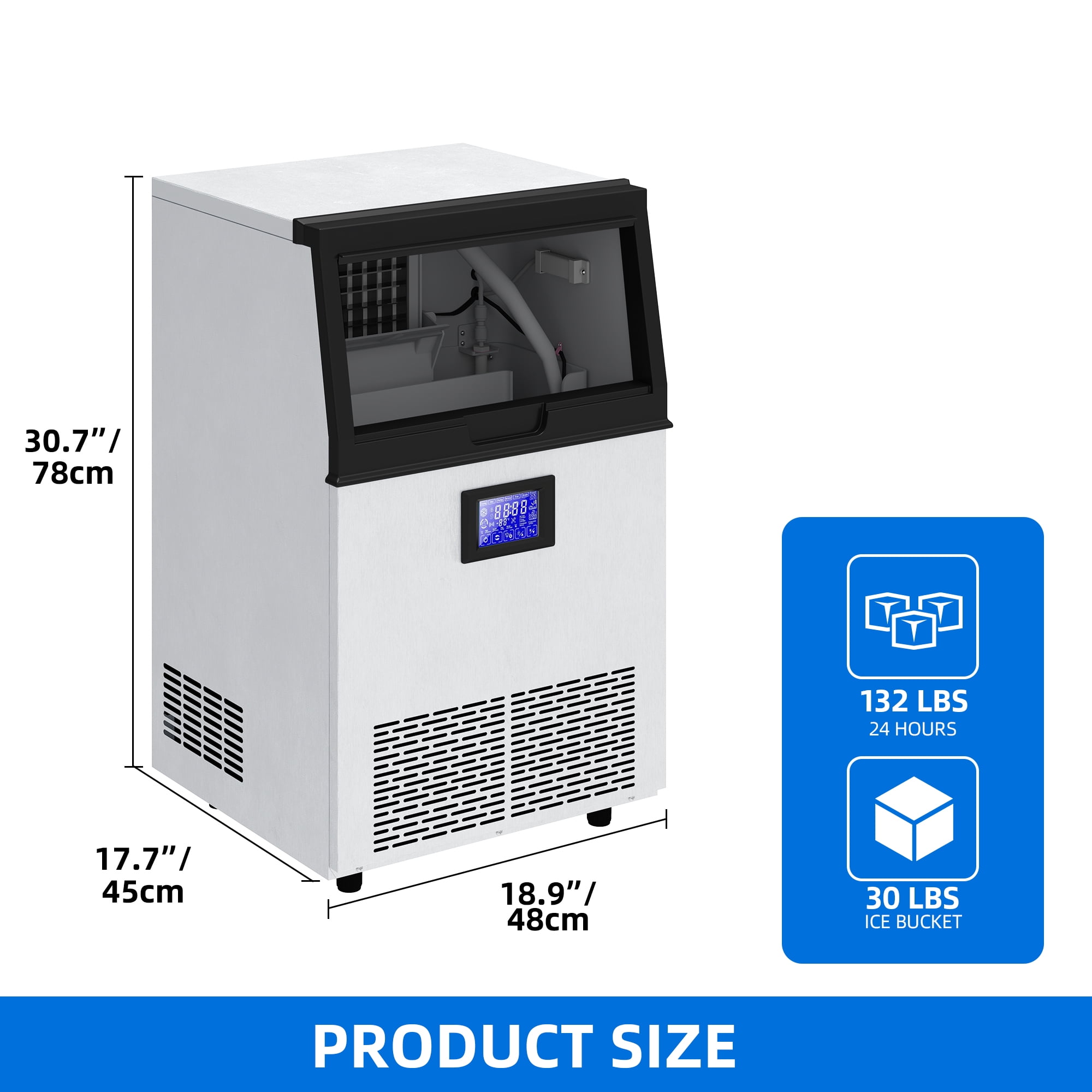 Dextrus Commercial Ice Maker 132lbs/24h with 33lbs Storage Bin,Freestanding Ice Machine,LCD Panel  with Blue Light & Stainless Steel Scoop
