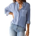 thumbnail image 3 of Nlife Women Striped Lapel Collar Long Sleeve Single Breasted Pocket Shirt, 3 of 7