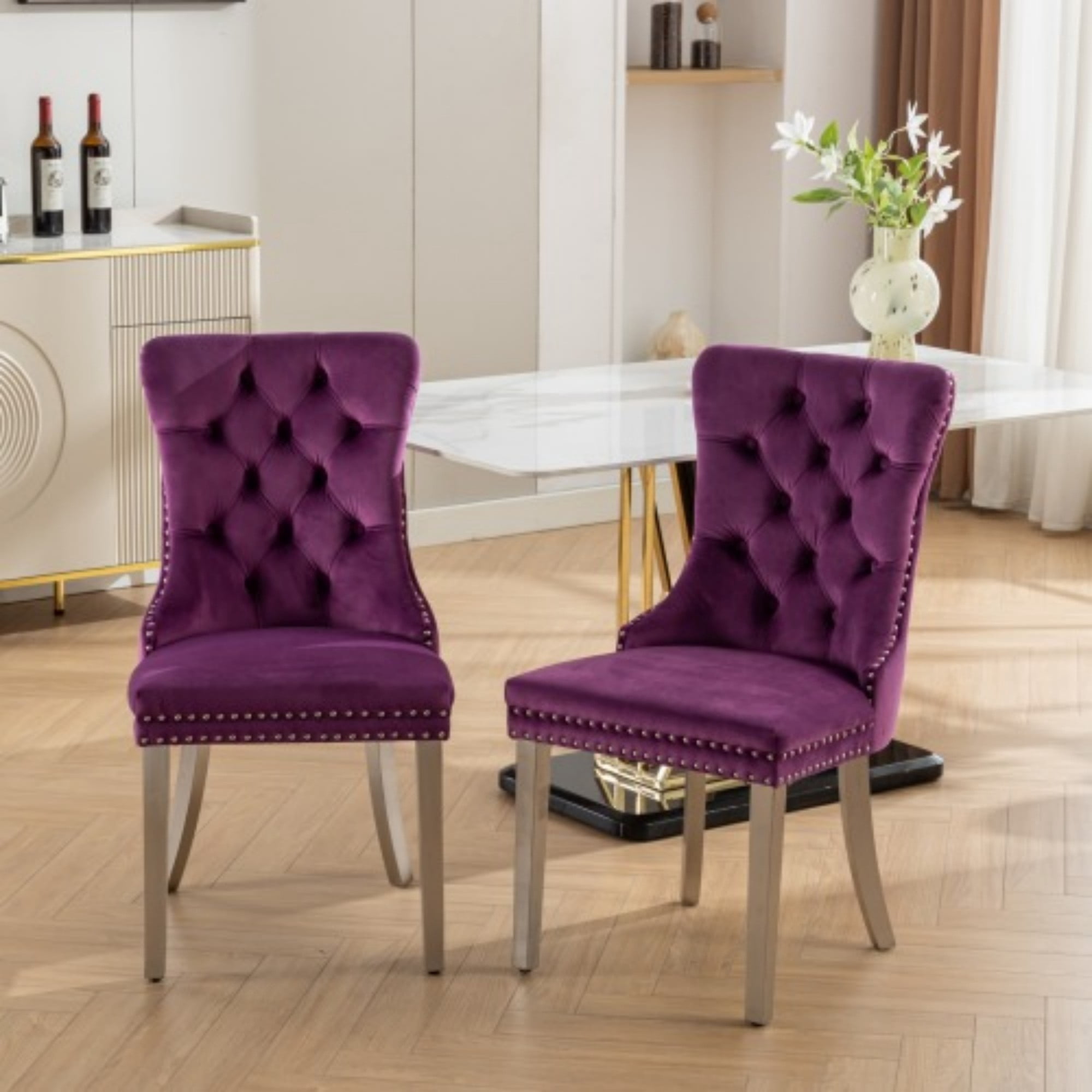BSHTI 37.5" Velvet Upholstered Dining Room Chairs Set of 2, Modern Tufted Parson Chairs with Nailhead Trim, Foam Padded Seat for Dining Room/Kitchen(Purple)